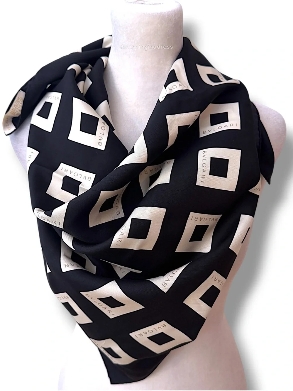 BVLGARI Vintage Quadrato Silk Scarf Black Cream Copper Geometric Square 90cm